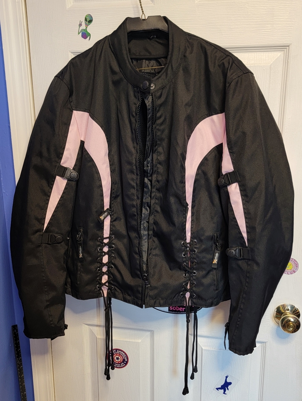 Women's Black & Pink Lace-Up Motorcycle Jacket 22 Inch Pit To Pit